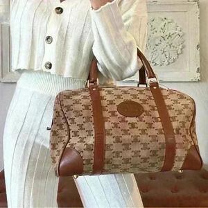 Authentic CELINE Blason pattern Suede Handbag Bostonbag Beige Vintage w/COA